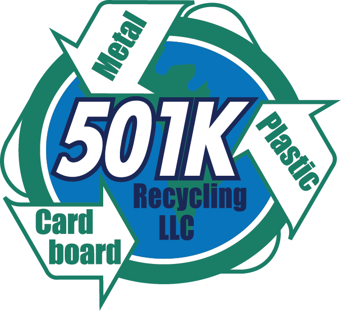 501K Recycling LLC logo with blue circle, green arrows, and labels for metal, plastic, and cardboard